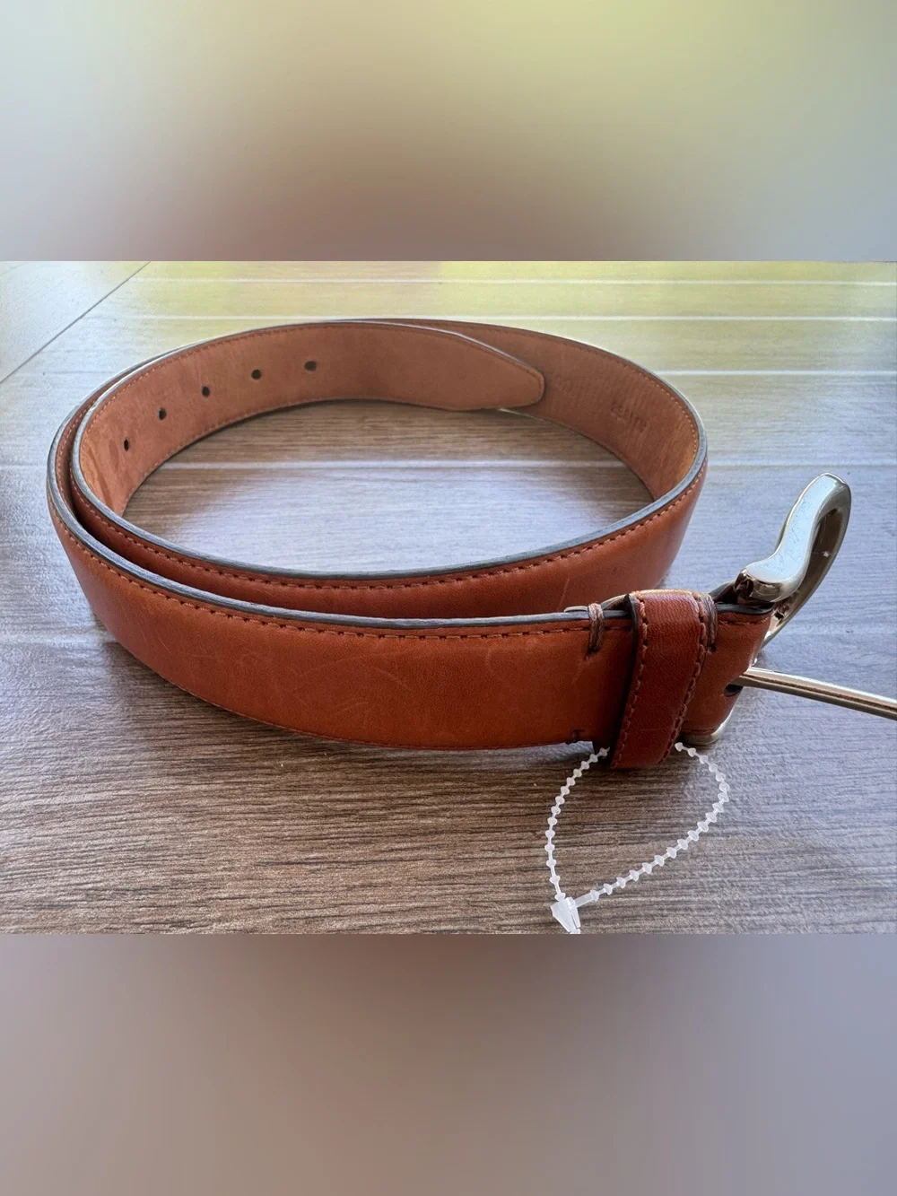Cole Haan Brown Leather Belt with Polished Silver Buckle Mens 34